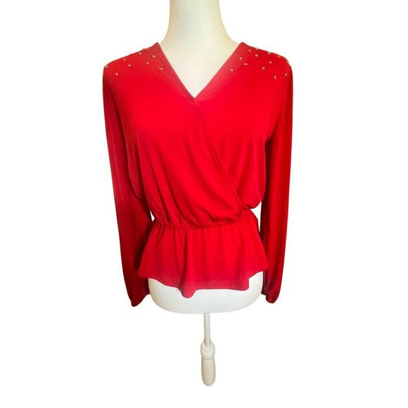 MICHAEL KORS RED FAUX WRAP CINCH WAIST LONG SLEEVE BLOUSE WOMENS XTRA SMALL - Picture 2 of 8